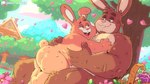 anthro brown_body brown_fur butt duo fur heart_symbol hug male male/male open_mouth pink_nose plant slightly_chubby tree digitslayer lagomorph leporid mammal rabbit 2025 absurd_res hi_res