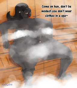 anthro belly big_breasts black_body black_feathers black_hair black_skin breasts colored_nails convenient_censorship dialogue ear_piercing ear_ring eyelashes feathers female glistening_eyelids hair huge_breasts huge_hips huge_thighs long_eyelashes looking_at_viewer mature_anthro mature_female nails navel navel_piercing non-mammal_breasts non-mammal_navel nude overweight overweight_anthro overweight_female piercing ponytail red_tongue ring_piercing sauna scuted_feet scuted_legs scutes sitting solo steam_censorship talking_to_viewer text thick_thighs tilde_after_text tongue wide_hips yellow_eyes yellow_nails nsfowork dungeons_and_dragons hasbro wizards_of_the_coast avian kenku absurd_res hi_res