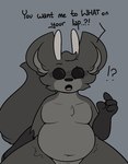 antennae_(anatomy) anthro beady_eyes belly big_belly big_ears blush blush_lines confusion dialogue female looking_at_viewer overweight rumbling_stomach solo surprise surprised_expression talking_to_viewer text thick_thighs conditional_dnp verdantphysician asteria_(verdantphysician) alien english_text