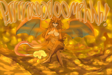 anthro excessive_feces fart fart_cloud feces female fire flaming_tail goo-connected_lips hair horn hyper hyper_fart hyper_feces orange_body orange_hair orange_skin scatplay solo sound_effects tail wings floofykinkumiho nintendo pokemon charizard generation_1_pokemon pokemon_(species) absurd_res hi_res