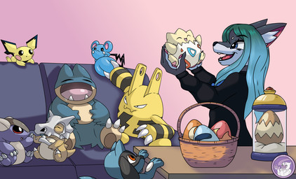 ambiguous_gender anthro basket container egg female feral furniture group holidays incubator smile sofa uppies hyperchibiabsol easter nintendo pokemon azurill baby_kangaskhan canid canine canis cubone elekid generation_1_pokemon generation_2_pokemon generation_3_pokemon generation_4_pokemon mammal munchlax pichu pokemon_(species) riolu togepi wolf absurd_res hi_res