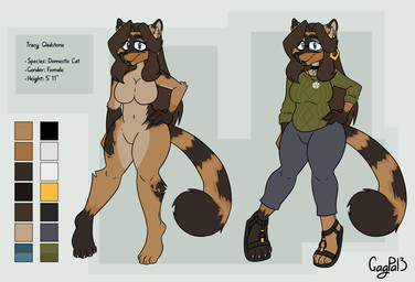 anthro biped blue_eyes bottomwear breasts brown_body brown_fur brown_hair clothed clothed_anthro clothed_female clothing color_swatch ear_piercing ear_ring featureless_breasts featureless_crotch female female_anthro footwear front_view fur green_clothing green_sweater green_topwear hair lips long_hair looking_at_viewer mature_anthro mature_female medium_breasts multicolored_body multicolored_fur nude nude_anthro nude_female off/on pants piercing plantigrade ring_piercing sandals shoes solo sweater tail tan_body tan_fur text text_box thick_bottom_lip topwear two_tone_body two_tone_fur gagpal3 tracy_gladstone domestic_cat felid feline felis mammal 2026 artist_name character_name english_text hi_res model_sheet multiple_images