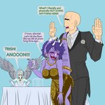 1:1 2024 accessory alcohol amber_eyes angry anon_(snoot_game) anthro bald bent_over beverage beverage_can biped blue_background blue_body blue_scales bodily_fluids bracelet cavemanon_studios ceratopsian chair clothed clothing colored dancing dialogue dinosaur dopeyarts dress drunk duo_focus ear_piercing ear_ring english_text eyeless eyes_closed fang_(gvh) feathered_wings feathers female flask flower_accessory furgonomics furniture gold_dress goodbye_volcano_high grey_body grey_feathers grey_hair grinding group hair hands_on_table hi_res holding_object horn human human_on_anthro infidelity interspecies jealous jewelry male male/female mammal markings medium_hair necklace necktie nervous open_mouth ornithischian piercing prehistoric_species pterodactylus pterosaur purple_body purple_hair purple_scales raised_hand raised_hands reptile ring_piercing scales scalie seductive simple_background sitting snoot_game speech_bubble standing striped_markings stripes substance_intoxication suit sweat sweatdrop table tail tail_accessory tail_around_neck tail_around_partner tail_bracelet tail_hug tail_jewelry talking_to_another text triceratops trio trish_(gvh) wedding_dress white_clothing white_dress wings yelling