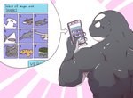 anthro biped black_body bodily_fluids cellphone electronics feral humanoid_hands kemono male muscular muscular_male phone smartphone solo sweat text white_body unagi_bukuro cetacean dolphin fish mammal marine oceanic_dolphin orca shark toothed_whale 2021 english_text