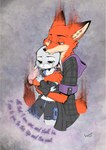 abstract_background after_transformation anthro armwear black_body black_fur bodily_fluids clothed clothing crying dissolving duo elbow_gloves fading_away female fur gloves green_eyes grey_body grey_fur handwear hoodie hug jacket male midriff navel orange_body orange_fur purple_eyes romantic romantic_couple sacrifice sad size_difference tan_body tan_fur tears text topwear white_body white_fur dogear218 varxtiscreations disney kingdom_hearts square_enix zootopia judy_hopps nick_wilde canid canine fox lagomorph leporid mammal rabbit absurd_res english_text hi_res huge_filesize signature story story_in_description