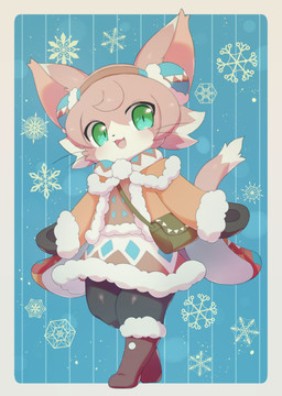 :3 :d animal_ears anthro bag black_clothing black_gloves black_handwear black_legwear black_pantyhose boots border brown_body brown_boots brown_clothing brown_footwear brown_fur cat_tail clothing dress earmuffs female female_anthro footwear fur gloves green_eyes hair handwear kemono legwear long_sleeves looking_at_viewer messenger_bag multicolored_body multicolored_fur pantyhose pink_body pink_fur pink_hair pupils shoes short_hair shoulder_bag sidelocks slit_pupils smile snowflake solo standing tail two_tone_body two_tone_fur whiskers white_body white_border white_fur rorizu cat_busters richiru_(cat_busters) domestic_cat felid feline felis mammal 2025 full-length_portrait hi_res portrait