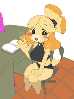 5_fingers alternate_costume anal_beads anthro barefoot black_clothing black_short black_topwear blush bodily_fluids book bottomwear chair clothed clothed_anthro clothed_female clothing collar crop_top denim denim_bottomwear denim_clothing denim_shorts desk detailed_background dildo eyelashes facial_markings feet female female_anthro fingers fur furniture gesture hair head_markings looking_at_viewer markings muzzle_(marking) on_chair sex_toy shirt shorts sitting sitting_on_chair skull_accessory sleeveless_topwear solo spiked_collar spikes sweat table tail thick_thighs topwear waving yellow_body yellow_fur q_qringo animal_crossing nintendo isabelle_(animal_crossing) canid canine canis domestic_dog mammal shih_tzu toy_dog 2025 full-length_portrait portrait