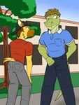 anthro backwards_baseball_cap backwards_hat baseball_cap bottomwear clothed clothing duo fully_clothed fur furgonomics green_body green_scales hat headgear headwear male outside pants polo_shirt scales shirt t-shirt topwear yellow_body yellow_fur zipping_up fuze fuzeyeen gabriel_(fuze) alligator alligatorid crocodilian hyena mammal reptile scalie spotted_hyena 3:4 hi_res