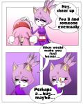 anthro big_eyes blush breasts clothed clothing dialogue duo female fur gloves hair handwear midriff navel pink_body pink_fur pink_hair purple_body purple_fur simple_background text toony white_background yellow_eyes sandunky sega sonic_the_hedgehog_(series) amy_rose blaze_the_cat domestic_cat eulipotyphlan felid feline felis hedgehog mammal 4:5 absurd_res comic english_text hi_res