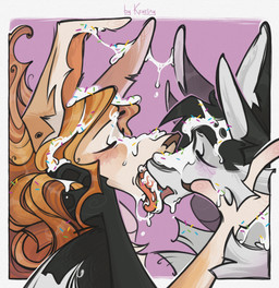 3_fingers 4_ears anthro bent_ears black_body black_feathers black_fur blonde_hair blush bodily_fluids brown_body chest_tuft claws countershading duo eyes_closed feathers finger_claws fingers food food_fetish food_in_mouth food_on_face food_on_head food_play french_kissing frosting frosting_in_mouth frosting_on_face fur genital_fluids hair head_grab holidays kissing licking_tongue male male/male multi_ear multicolored_body nude open_mouth purple_background saliva scuted_arms scutes sharing_food side_view simple_background sloppy_kiss sprinkles sweets text tongue tongue_out tuft white_body white_feathers white_fur winged_arms wings keuejay easter fyr_(fenrir784) yuki_(yuki784) avali avian bird canid canine fennec_fox fox mammal true_fox 2025 colored digital_media_(artwork) english_text hi_res signature