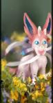 2013 accessory ambiguous_gender blue_eyes bow_ribbon bow_tie eeveelution feral flower fur generation_6_pokemon hair_accessory hair_bow hair_ribbon jazzycat nintendo pink_body pink_fur plant pokemon pokemon_(species) ribbons smile solo sylveon watermark