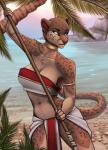 2018 5_fingers anthro bandeau beach big_breasts blue_eyes bottomwear breasts brown_body brown_fur clothed clothing day detailed_background digital_media_(artwork) felid female fingers fur hi_res holding_object leopard loincloth mammal markings midriff navel outside pantherine robyn_paperdoll seaside solo spots spotted_body spotted_fur standing topwear water