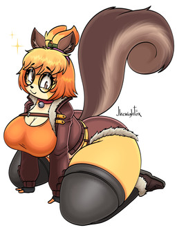 anthro big_butt biped black_clothing blonde_hair bottomwear breasts brown_clothing butt clothed clothing derp_eyes eyewear female glasses hair huge_butt legwear orange_clothing orange_hair solo thick_thighs thigh_highs topwear wearing_glasses yellow_body jhenightfox animal_crossing marvel marvel_rivals nintendo derpybelle isabelle_(animal_crossing) squirrel_girl_(marvel) canid canine canis domestic_dog mammal shih_tzu toy_dog 2026 absurd_res hi_res