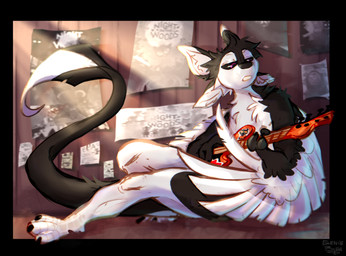 3_fingers 4_ears anthro bass_guitar biped black_bars black_body black_feathers black_fur black_sclera black_toe_claws claws detailed_background feathered_wings feathers feet fingers floor fluffy fur guitar holding_object inside light light_beam male multi_ear multicolored_body multicolored_fur musical_instrument nude open_mouth orange_guitar playing_guitar playing_music plucked_string_instrument poster purple_eyes red_eyes sitting sitting_on_ground solo sticker stickers_on_object string_instrument sunbeam sunlight tail teeth teeth_showing text toes tuft two_tone_body two_tone_fur wall_(structure) white_body white_feathers white_fur winged_arms wings geniebuy night_in_the_woods fyr_(fenrir784) mae_borowski avali avian bird domestic_cat felid feline felis mammal 2024 absurd_res artist_name digital_media_(artwork) english_text hi_res signature