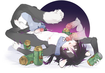 alcohol anthro balls beer beverage black_hair bodily_fluids claws cum cum_in_mouth cum_inside disembodied_foot disembodied_hand disembodied_penis drunk ejaculation erection feet finger_claws foot_fetish foot_on_penis foot_play foreskin fur genital_fluids genitals grey_body grey_fur hair humanoid_genitalia humanoid_penis kemono male male/male nipples nude nude_anthro nude_male open_mouth pawpads paws penis pink_nose purple_eyes purple_hair solo_focus substance_intoxication toe_claws white_body white_fur tonyu_y tsingtao domestic_cat felid feline felis mammal hi_res