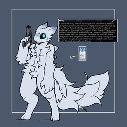 3_toes 4_fingers ambiguous_gender anthro black_sclera blue_eyes bodily_fluids claws digitigrade dorsal_fin feet fin finger_claws fingers fluffy fluffy_tail fur furrowed_eyebrows gun handgun holding_gun holding_handgun holding_object holding_pistol holding_ranged_weapon holding_weapon horn milk nude_ambiguous nude_anthro pistol ranged_weapon solo standing sweat sweatdrop tail text toes weapon white_body white_fur gatotacato casualties:_unknown gunsaw canid canine gunsawian hybrid mammal milky_(gunsawian) 1:1 digital_media_(artwork) english_text