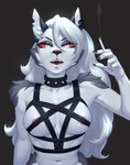 anthro areola breasts cigarette collar ear_piercing ear_ring female fingers fur hair harness harness_only holding_cigarette holding_object looking_at_viewer navel nipples open_mouth piercing red_sclera ring_piercing simple_background smoke solo spiked_collar spikes standing white_body white_fur monian helluva_boss mythology loona_(helluva_boss) canid canid_demon canine demon hellhound mammal mythological_canine mythological_creature digital_media_(artwork) hi_res