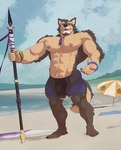 abs anthro beach bottomwear brown_body brown_fur bulge clothing countershading fur jewelry male melee_weapon muscular muscular_anthro muscular_male necklace nipples pecs polearm seaside shorts solo spear swimwear weapon ripped-saurian lifewonders live_a_hero pubraseer canid canine canis domestic_dog mammal absurd_res hi_res