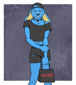 anthro backwards_baseball_cap backwards_hat barbell_piercing baseball_cap black_bottomwear black_clothing black_crop_top black_nose black_shirt black_shorts black_topwear blue_body blue_fur border bottomwear buckteeth clothing crop_top ear_piercing ear_ring eyebrow_barbell eyebrow_piercing facial_piercing fishnet_clothing fishnet_leggings fishnet_legwear fishnet_shirt fishnet_topwear fur grey_background hat headgear headwear humanoid_hands leggings legwear looking_at_viewer male navel navel_piercing navel_ring piercing ring_piercing shirt shopping_bag shorts simple_background solo teeth topwear torn_bottomwear torn_clothing torn_shorts white_border yellow_eyes yellow_inner_ear skippysbonezone hot_topic lagomorph leporid mammal rabbit digital_drawing_(artwork) digital_media_(artwork) english_description hi_res