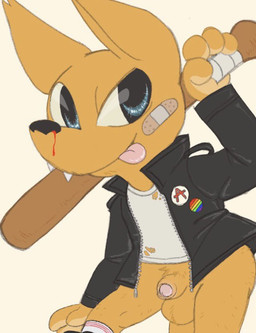 accessory anarchy_symbol anthro balls bandage baseball_bat bat_(object) blood bodily_fluids bottomless clothed clothing flaccid foreskin fur genitals jacket leather leather_clothing leather_jacket leather_topwear lgbt_pride male nosebleed orange_body orange_fur penis pin_accessory pin_button pride_color_accessory pride_colors pride_pin rainbow_pride_colors six-stripe_rainbow_pride_colors solo tongue tongue_out topwear tbid night_in_the_woods gregg_lee canid canine fox mammal