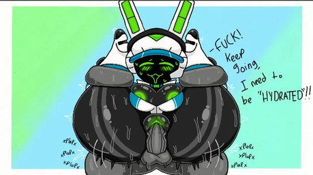 anthro balls big_butt black_body blush bodily_fluids breasts butt clothed clothing duo electronics female full_nelson genital_fluids genitals glistening glistening_body glowing glowing_genitalia glowing_nipples glowing_vulva green_blush green_eyes green_mouth green_nipples green_vulva hat headgear headphones headwear huge_butt humanoid_genitalia humanoid_penis machine male male/female nipples partially_clothed penetration penile penile_penetration penis penis_in_vagina plap rabbit_ears raised_leg sex shadow simple_background stripes sweat sweaty_butt sweaty_legs sweaty_thighs text thick_thighs vaginal vaginal_fluids vaginal_penetration vulva domlol project_turboblast tempo_(project_turboblast) humanoid lagomorph leporid mammal rabbit robot robot_anthro 2026 colored digital_media_(artwork)