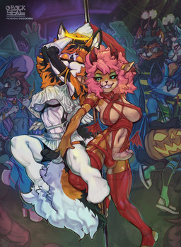anthro breasts dancing fur genitals grin group gynomorph hair humanoid_genitalia humanoid_penis intersex intersex/intersex leg_grab orange_body orange_fur penis pink_hair pole pole_dancing smile thigh_grab namog norangcha orockseal aca_(asheoki) koi_vixen_(character) canid canine deer felid feline fox hybrid mammal true_fox hi_res