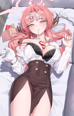 bare_legs bare_shoulders bed big_breasts black_bra black_clothing black_underwear blush bodily_fluids bra breasts clothed clothing collarbone collared_shirt condom dress_shirt eyewear female furniture glasses glistening glistening_hair gloves hair half-closed_eyes halo handwear horn inviting long_hair lying mouth_hold narrowed_eyes not_furry object_in_mouth partially_clothed portfolio red_hair sexual_barrier_device shirt sweat topwear underwear white_clothing white_dress_shirt white_gloves white_handwear yellow_eyes evande blue_archive nexon aru_rikuhachima demon demon_humanoid horned_humanoid humanoid absurd_res hi_res