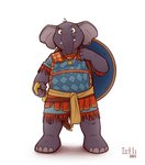 anthro biped clothed clothing digital_media_(artwork) elephant elephantid hi_res holding_object holding_weapon iztli male mammal melee_weapon piercing proboscidean shaded shield signature simple_background solo sword trunk tusks weapon young young_anthro