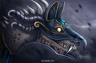 ambiguous_gender armor clothed clothing cloud detailed_background fangs feral flying gem group long_mouth looking_forward looking_up mask no_sclera overcast sapphire_(gem) shadow sharp_teeth side_view sky smile snout solo_focus spikes spines teeth wounded yellow_eyes flashw azmaveth_(9tailsfoxyfoxy) avian canid canine canis domestic_dog mammal undead 2017 bust_portrait detailed digital_media_(artwork) digital_painting_(artwork) painting_(artwork) portrait