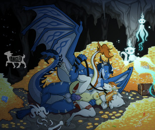anthro belt_collar big_breasts blue_body blue_gem bone breasts cave coin crown detailed_background dominant duo emerald_(gem) female gem genitals gold_(metal) gold_jewelry hand_on_hip headgear jewelry male male/female markings nude orb penetration penis pillow rock ruby_(gem) sex shield silver_(metal) size_difference skull spiked_tail spikes spikes_(anatomy) striped_body striped_markings striped_tail stripes tail tail_markings tattoo treasure treasure_chest treasure_hoard vaginal vaginal_penetration vulva white_body wings yamgler mythology radek_jargon dragon ghost mimic mimic_chest mythological_creature mythological_scalie scalie spirit 6:5 absurd_res hi_res