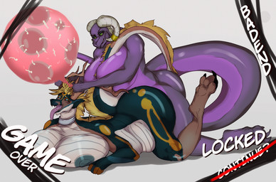 anthro bad_end big_breasts black_body breasts doggystyle female from_behind_position game_over gameplay_mechanics green_eyes gynomorph horn huge_breasts impregnation intersex intersex/female overweight purple_body sex smile smirk tail ratcult13 mythology desidia_esuries dragon mythological_creature mythological_scalie scalie hi_res