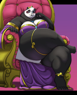 anthro big_breasts biped black_body blue_eyes blush breasts chair clothed clothing crossed_legs eyelashes female furniture hair hyper looking_at_viewer low-angle_view multicolored_body obese obese_anthro obese_female overweight overweight_anthro overweight_female pupils smile solo thick_thighs three-quarter_view throne white_body white_hair wide_hips noryega gillpanda_(character) bear giant_panda mammal hi_res