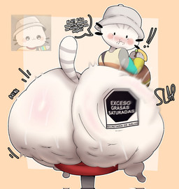 anthro big_breasts big_butt breasts butt clothing eating female hat headgear headwear huge_butt sitting solo text thick_thighs white_body crowundeadcat domestic_cat felid feline felis mammal hi_res spanish_text