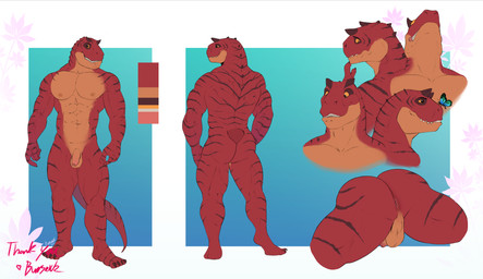 abs anthro anus backsack balls barazoku black_stripes butt color_swatch genitals head_horn heart_symbol horn humanoid_genitalia humanoid_penis male multiple_poses muscular muscular_anthro muscular_male neck_ridge nipples non-mammal_nipples nude pecs penis pose raised_head red_body short_horn small_horn smile smiling_at_viewer solo standing stripes tail teeth_showing burrserk eloy_(husky92) abelisaurid ambient_arthropod ambient_butterfly ambient_insect carnotaurus dinosaur prehistoric_species reptile saurischian scalie theropod 2021 absurd_res dated hi_res model_sheet multiple_images signature