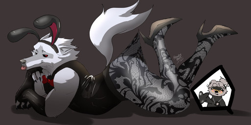 4_fingers anthro armwear beating_heart black_clothing blep blush bow_tie bunny_costume chibi claws clothed clothing costume crossdressing dot_eyes duo ears_down elbow_gloves eyewear facial_markings fake_ears fake_rabbit_ears fingerless_gloves fingers fishnet_clothing fishnet_leggings fishnet_legwear fluffy fluffy_tail footwear fur fuzzy glasses gloves grey_background hair half-closed_eyes handwear head_markings heart_outline high_heels leggings leggings_pull legs_up legwear lying male male/male markings mask_(marking) narrowed_eyes offscreen_character on_front pivoted_ears ponytail pose raised_tail red_eyes seductive shoes simple_background simple_eyes smile solo_focus tail tongue tongue_out wearing_glasses white_body white_fur howdypeepos dreamworks hooked_on_heel_(trend) puss_in_boots_(franchise) death_(puss_in_boots) fan_character canid canine canis mammal procyonid raccoon wolf hi_res meme shaded signature