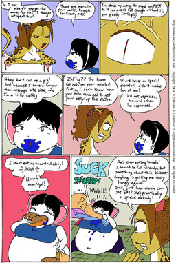 anthro belly big_belly big_breasts black_hair breasts dialogue duo female fur hair inside overweight speech_bubble stuffing text white_body white_fur yellow_body yellow_fur s.sakurai felid leopard mammal mouse murid murine pantherine rodent 2004 comic english_text