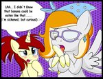 anthro banana dialogue duo ear_piercing ear_ring eyewear female female/female food fruit glasses horn piercing plant ring_piercing text wings an-tonio rainbownspeedash hasbro my_little_pony mythology equid equine mammal mythological_creature mythological_equine pegasus unicorn english_text hi_res