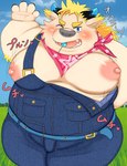 anthro blonde_hair blush candy clothing dessert food hair horn humanoid_hands kemono male moobs nipples one_eye_closed outside overalls overweight overweight_anthro overweight_male solo wink marumori0619 lifewonders tokyo_afterschool_summoners babe_bunyan_(tas) bovid bovine cattle mammal 2021