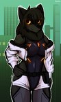 anthro belt black_sclera bottomwear chest_tuft city city_background cityscape clothing cosplay cybernetics female glowing glowing_eyes hand_on_hip jacket machine neck_tuft red_eyes shorts smile solo topwear tuft daukus cyberpunk_edgerunners mythology lucy_(cyberpunk_edgerunners) lucy_(daukus) canid canine canis mammal mythological_canine mythological_creature werecanid werecanine werecreature werewolf wolf hi_res