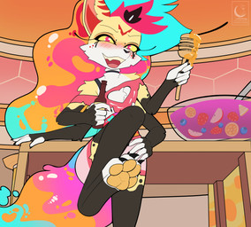 4_arms alcohol anthro beer beverage blush blush_lines chest_tuft choker claws clothing crop_top eyelashes feet female food food_fetish foot_fetish foot_focus freckled_face freckles furniture holding_object honey_(food) jewelry lamp lava_lamp long_eyelashes looking_at_viewer multi_arm multi_limb necklace pawpads raising_leg shirt solo table topwear tuft alexander_moonflower hellaverse helluva_boss mythology queen_bee-lzebub_(helluva_boss) canid canid_demon canine demon fox hellhound mammal mythological_canine mythological_creature absurd_res hi_res