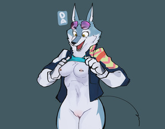 anthro bottomless breasts clothed clothing clothing_lift countershading exposed_breasts eyewear female flashing fur genitals grey_body grey_fur humanoid_genitalia humanoid_vulva innie_vulva jacket looking_at_breasts looking_at_own_breasts looking_at_self navel nipple_piercing nipples open_mouth piercing shirt shirt_lift simple_background smile solo topwear vulva yellow_eyes goonie-san illumination_entertainment sing_(movie) porsha_crystal canid canine canis mammal wolf hi_res