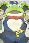 anthro belly bodily_fluids clothed clothing embarrassed fingerless_gloves gloves handwear jumpsuit lying male moobs on_back open_clothing overweight overweight_male sweat wnhr08 nintendo star_fox slippy_toad amphibian frog toad_(frog)