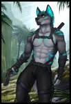 5_fingers abs anthro armor belt black_body black_border black_fur blue_claws blue_eyes blue_hair blue_markings border bottomwear claws clothed clothing detailed_background eyebrows facial_markings fangs fingers forest front_view fur grey_body grey_fur gun hair handgun harness head_markings holding_gun holding_handgun holding_object holding_pistol holding_ranged_weapon holding_weapon inner_ear_fluff jungle male markings melee_weapon multicolored_body multicolored_fur muscular muscular_anthro muscular_male neck_tuft palm_tree pants pecs pistol plant ranged_weapon solo standing sword tactical_gear teeth topless topless_anthro topless_male tree tuft weapon weapon_holster weapon_on_back clockhands matt_wolf canid canine canis mammal wolf absurd_res hi_res