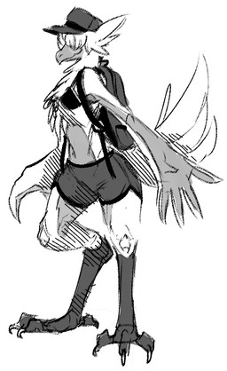 4_toes anthro backpack beak biped bottomwear claws clothed clothing feathers feet female hair hair_over_eyes hat headgear headwear solo toes topwear white_body white_feathers winged_arms wings thedolfiend avian bird monochrome