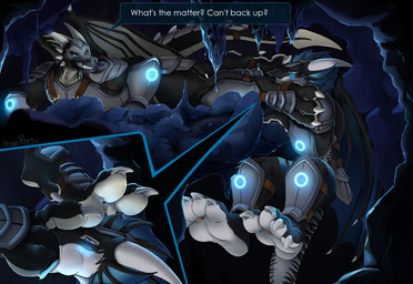 3_toes 4_toes anthro armor blush cavern claws digit_ring digitigrade feet foot_fetish foot_in_mouth foot_on_face foot_on_head foot_play foot_suck jewelry male male/male paws ring sucking teasing teasing_with_feet text toe_claws toe_in_mouth toe_ring toe_suck toes rous_fox mythology dyrmun_(character) raketh_(character) dragon mythological_creature mythological_scalie scalie english_text hi_res