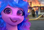 blue_hair building curled_hair eye_reflection female fire fire_hydrant fur glistening glistening_eyes gradient_hair group hair horn house looking_at_viewer open_mouth open_smile photo_background purple_body purple_eyes purple_fur reflection smile solo_focus teeth tongue imalou disaster_girl hasbro mlp_g5 my_little_pony mythology izzy_moonbow_(mlp) equid equine mammal mythological_creature mythological_equine unicorn 2022 digital_media_(artwork) hi_res meme photography_(artwork)