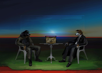 anthro brown_body brown_fur chair clothed clothing detailed_background duo evil_face fur furniture glass hair male morning reel-to-reel_recorder sky surrealism table white_body white_fur faslaj eldridge_moran border_collie canid canine canis collie domestic_dog herding_dog mammal pastoral_dog sheepdog digital_media_(artwork) hi_res