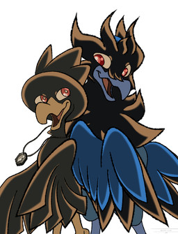 ambiguous_gender avian_feet back_to_back beak black_body black_feathers blue_body blue_feathers duo feathered_wings feathers feral jewelry looking_at_another necklace necklace_only nude open_mouth pseudo_clothing red_eyes scales shoulder_bump simple_background white_background wings zecret_colors nintendo pokemon avian bird corvid corvisquire corvus_(genus) crow generation_2_pokemon generation_8_pokemon murkrow oscine passerine pokemon_(species) absurd_res hi_res