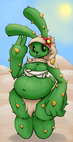 4_fingers anthro bandeau belly big_breasts big_forearms big_hands black_sclera bottomwear breasts cactus cleavage clothed clothing desert eyelashes female fingers flower_on_head forearms green_body green_nose hood loincloth long_ears looking_aside midriff navel outside overweight overweight_anthro overweight_female plant ragged_clothing sand short_tail sky smile solo spikes standing sun tail thick_thighs thorns topwear wide_hips yellow_eyes z_dragon elemental_creature flora_fauna lagomorph leporid mammal rabbit 2022 full-length_portrait hi_res portrait