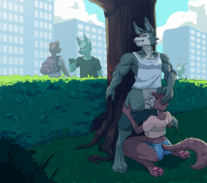 anthro balls bottomwear bottomwear_down brown_body brown_fur clothed clothing duo fellatio female fur genitals kneeling male muscular muscular_male oral park partially_clothed pawpads penile penis public public_sex sex shorts shorts_down kohei_(artist) beastars juno_(beastars) legoshi_(beastars) canid canine canis mammal wolf absurd_res hi_res